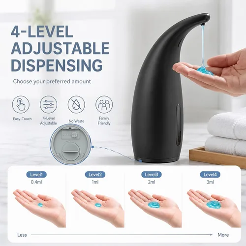 Vista 4 de Dispensador automático de jabón líquido, 4 niveles, 10oz Recargable - negro