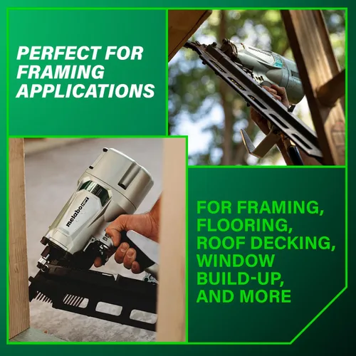 Vista 4 de Clavodora estructural Metabo HPT, clavadora neumática de potencia preferida por profesionales y herramienta de marco para pisos, cubiertas de techo