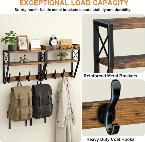 Vista 2 de Perchero grande mejorado de 3 niveles con estante, soporte de pared versátil 4 en 1 para colgar abrigos y llaves, estante de pared de entrada de 32