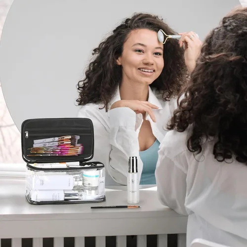 Vista 5 de HAOGUAGUA Bolsa de maquillaje transparente para cosméticos con compartimento para cepillos, portátil, impermeable, bolsa de aseo transparente