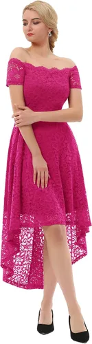 Vista 4 de Dressystar Vestido de Cóctel de Encaje para Mujer Hi-Lo con Hombros Descubiertos para Dama de Honor Vestido de Fiesta Formal Swing