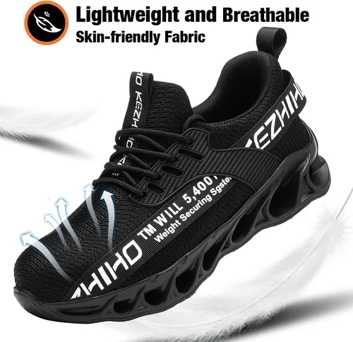 Vista 5 de Kezhiho Zapatos de punta de acero para hombre, ligeros, cómodos, transpirables, zapatos de trabajo a prueba de pinchazos, antideslizantes, a