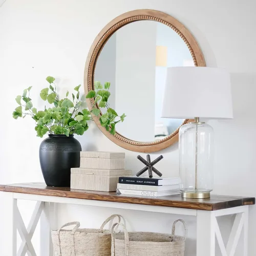 Vista 7 de Sawsile - Espejo redondo de madera, 45 cm, espejo circular rústico de granja con marco natural de madera con cuentas boho, espejo de pared