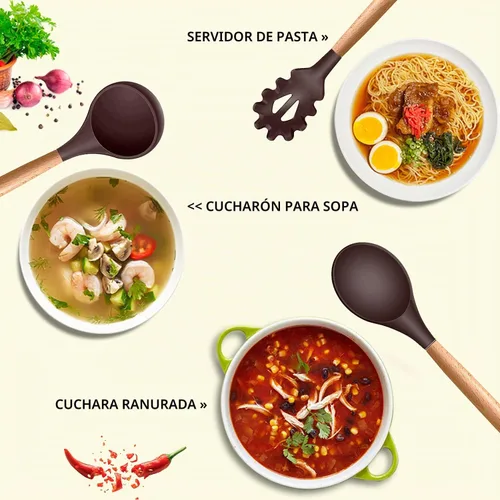 Vista 2 de MIBOTE Juego de utensilios de cocina de silicona con soporte, mangos de madera, pinzas para voltear, espátula, cuchara, utensilios de cocina