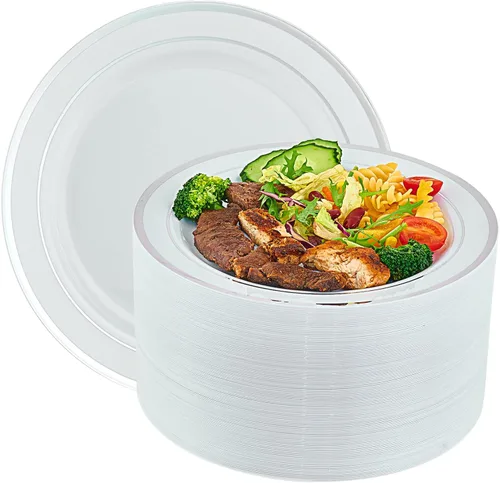 Vista 10 de Vplus 100 piezas de platos de plástico dorados de 10 pulgadas desechables, platos de plástico resistentes blancos elegantes y duraderos con borde