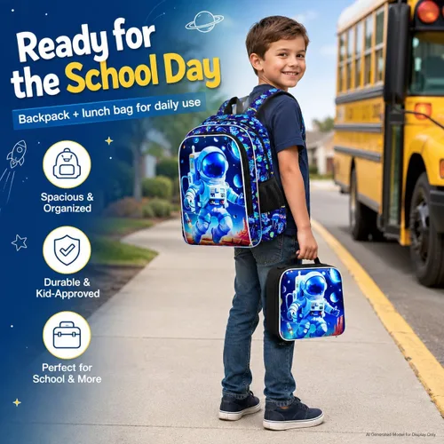 Vista 7 de gxtvo Mochila para niños de 3 piezas, 16 pulgadas con lonchera, resistente al agua, para preescolar, Astronauta Cohete Azul, Tamaño único, Impresión
