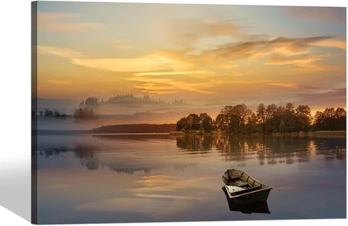 Vista 9 de SD SOFT DANCE - Lienzo de pared con paisaje del lago natural: arte de la naturaleza con escena de atardecer, bosque y montañas, pintura panorámica