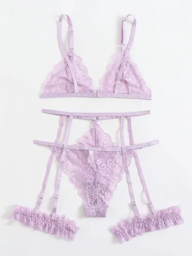 Vista 2 de WDIRARA - Conjunto de lencería para mujer, 3 piezas, malla floral