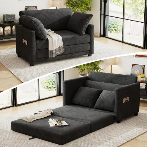 Vista 17 de Sofá cama loveseat de 51 pulgadas, sofá cama convertible de chenilla para espacios pequeños, sofá cama plegable con asiento profundo, 2 almohadas