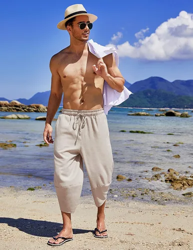 Vista 2 de COOFANDY Pantalones capri harén de lino para hombre, ligeros, sueltos, 34, con cordón elástico, cintura elástica, pantalones casuales para yoga