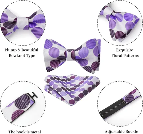 Vista 39 de HISDERN Pajaritas para hombre, diseño de lunares, corbatín y bolsillo cuadrado, clásico, esmoquin de negocios, boda, pajaritas, pañuelo