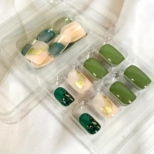 Vista 5 de Uñas postizas a presión ataúd de longitud corta, 24 piezas de cobertura completa, reutilizables, brillantes, uñas postizas con pegamento, uñas