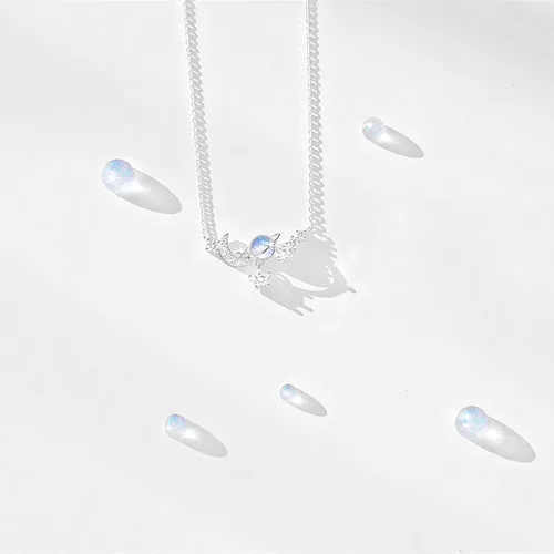 Vista 3 de Collar decorativo de plata 925 con dije de piedra esmaltada creativa, estrella y luna, cadena de clavícula, joyería elegante