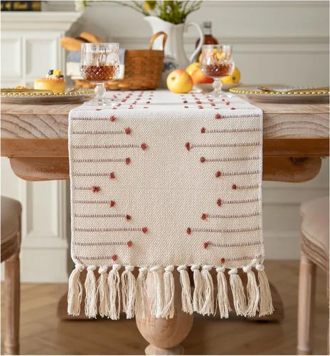 Vista 10 de Camino de mesa bohemio de 13 x 48 pulgadas de largo, tejido de algodón natural con borlas para decoración de mesa de comedor del hogar