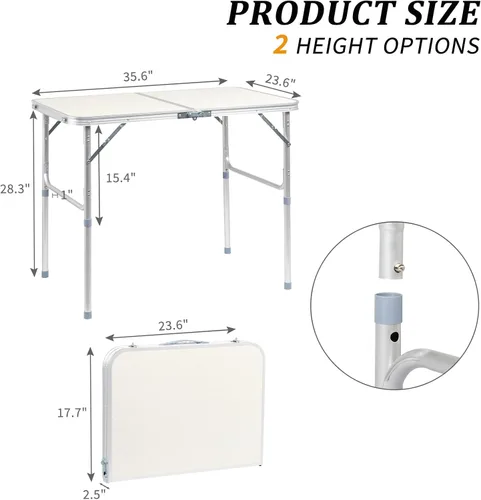 Vista 6 de Mesa plegable portátil multiusos de 35 pulgadas, mesa rectangular de plástico para eventos con asa de transporte, altura ajustable para picnic