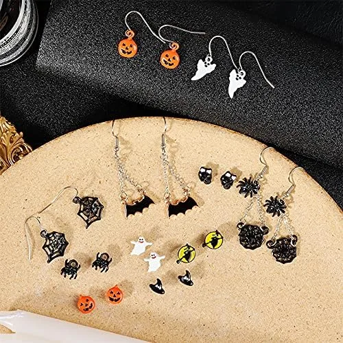 Vista 3 de 13 pares de aretes colgantes de Halloween para mujer, diseño de calabaza, murciélago, gato negro, aretes colgantes de telaraña para niñas, regalo