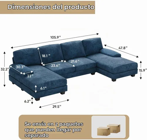 Vista 2 de Furniwell Sofá modular convertible de 4 asientos para sala de estar, sofá modular de tela moderna en forma de U, con diván doble y espuma Azul