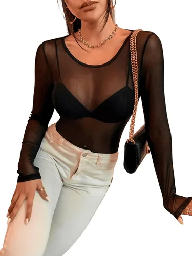 Vista 6 de Verdusa Body de malla transparente de manga larga con cuello redondo para mujer