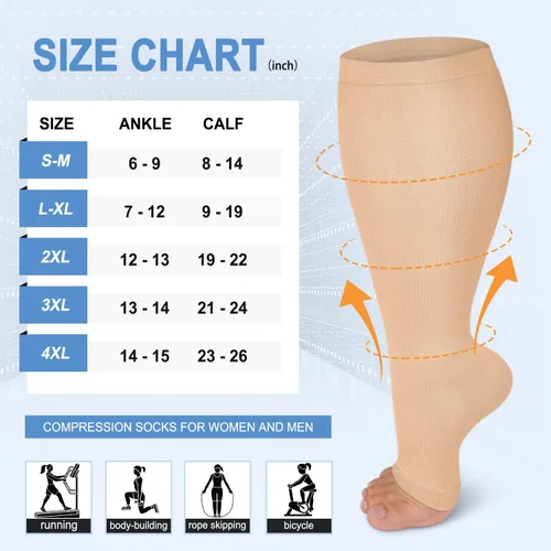 Vista 2 de Paquete de 3 calcetines de compresión de cobre para mujeres y hombres, 20-30 mmHg con punta abierta hasta la rodilla, medias altas para soporte