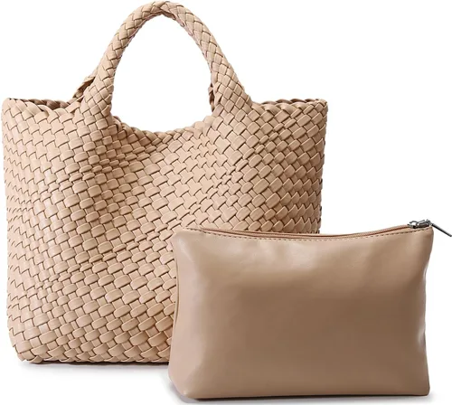 Vista 7 de Queenoris Bolso tejido para mujer, bolso de mano de cuero vegano grande para verano, playa, viaje, bolso y bolso retro hecho a mano