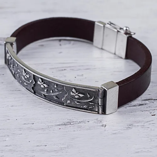 Vista 4 de NOVICA . Pulsera de cuero de plata de ley 925, 7.5" 'Butterfly Garden', Cuero