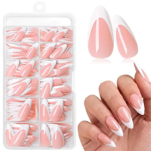 Vista 17 de 240 uñas postizas de punta francesa a presión, uñas postizas medianas de almendra, uñas blancas de punta francesa a presión, uñas acrílicas a