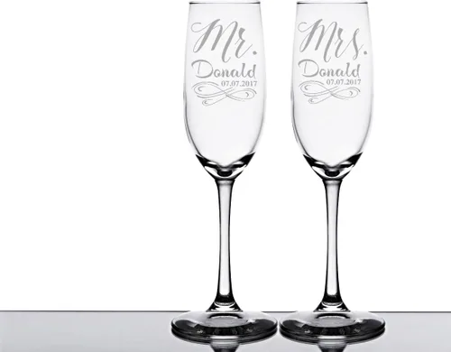Vista 2 de Infinity Mr Mrs - Juego de 2 copas de boda de champán grabadas personalizadas para parejas, regalo de despedida de soltera para novias