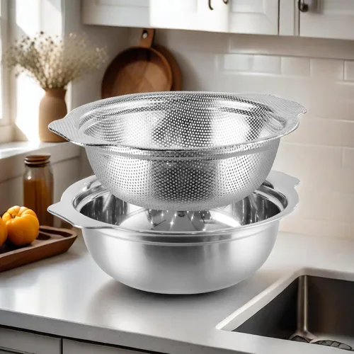 Vista 7 de Colador de acero inoxidable para cocina, colador de arroz de 2.5 cuartos con tazón para mezclar, juego de cuencos coladores con microporoso