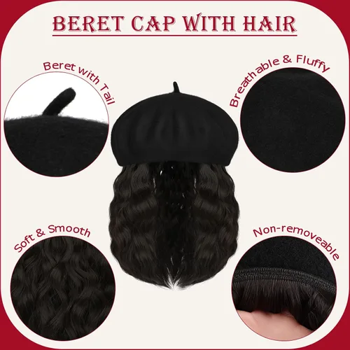 Vista 5 de Boinas con extensiones de cabello, gorra clásica elástica de lana francesa sólida adjunta, corto y rizado, peluca sintética para mujer, color marrón
