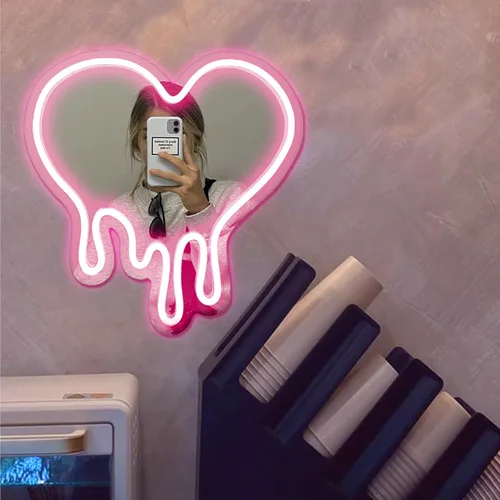 Vista 4 de DECANIT - Espejo de neón de corazón fundido rosa, decoración de pared LED alimentada por USB 12 x 12 in pink LED heart mirror decor, USB powered