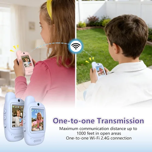 Vista 6 de Walkie Talkies de video para niños, paquete de 2 walkie talkies de video recargables, cámara HD, cambiador de voz, para diversión familiar, Azul
