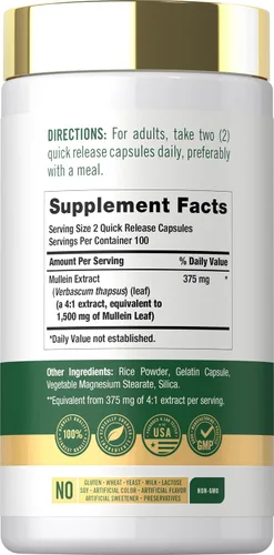 Vista 2 de Carlyle Extracto de hoja de gordolobo 200 cápsulas Verbascum Thapsus Suplemento sin OMG, sin gluten