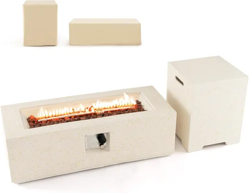 Vista 7 de Tangkula 28 Inch Patio Propane Fire Pit Table with Hideaway Tank Holder, 40,000 BTU Terrazzo Gas Fire Table with Lava Rocks, Protective Covers