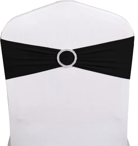 Vista 2 de Paquete de 50 bandas negras de elastano para sillas de boda, lazos con hebillas para fiestas, cumpleaños, fiestas, banquetes de jubilación