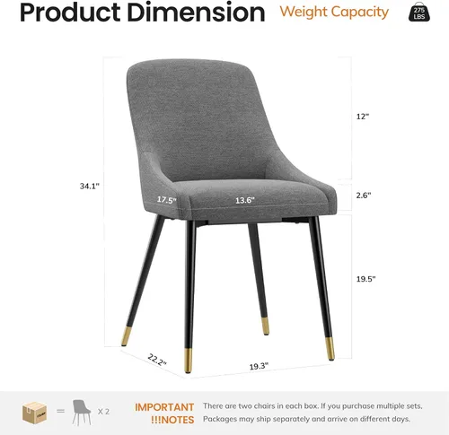 Vista 6 de COLAMY LUMA - Juego de 2 sillas de comedor de tela tapizada con patas de metal y cojín acolchado, sillas laterales sin brazos para comedor, cocina