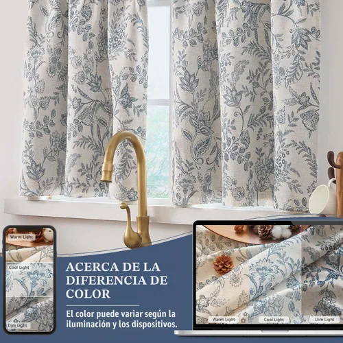 Vista 5 de Cortinas de cocina florales Lazzzy de 24 pulgadas de largo, lino azul, oscurecimiento de habitación, estilo granja, café, pequeñas, rústicas