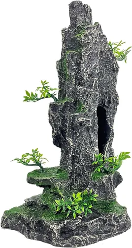Vista 11 de Adorno de piedra para acuario con vista a la montaña, árbol de cueva de roca, decoración de acuario para peceras para peceras pequeñas, 7.5 pulgadas