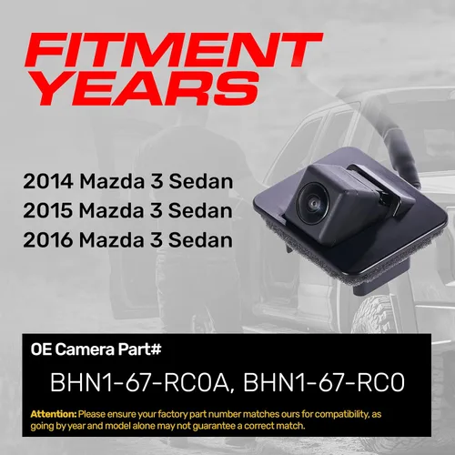Vista 2 de Master Tailgaters Repuesto para Mazda 3 Sedan (2014-2016) Cámara de respaldo OE Parte # BHN1-67-RC0A, BHN1-67-RC0
