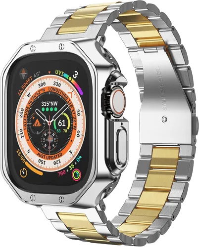 Vista 22 de Compatible con Apple Watch Banda y Estuche, Cadena de Metal de Acero Inoxidable con Cubierta de TPU, Correa de Pulsera de Eslabones