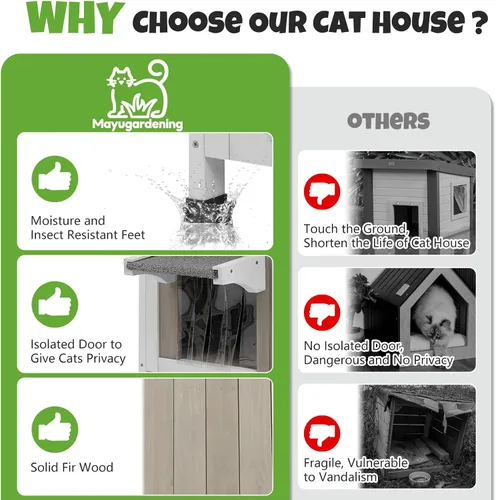 Vista 4 de Casa para gatos al aire libre, refugio de madera resistente a la intemperie para gatos interiores con cortinas de PVC transparentes, techo