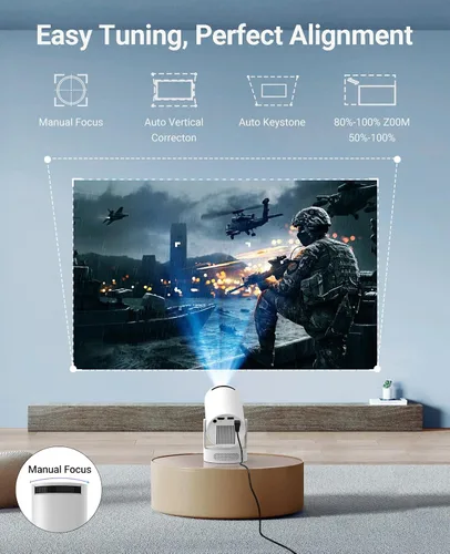 Vista 3 de Mini proyector con WiFi y Bluetooth, proyector 4K 1080P, corrección trapezoidal automática 210 ANSI, proyector portátil giratorio de 210°, proyector