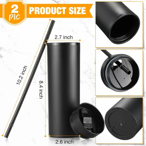 Vista 2 de Potchen 2 vasos delgados con tapa y pajilla, vaso de acrílico mate de 16 onzas, aislado de doble pared de plástico, vasos reutilizables de vinilo