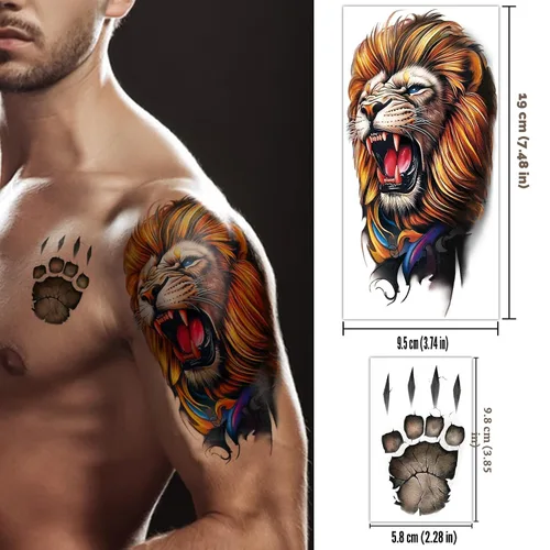 Vista 3 de 77 hojas de tatuajes temporales realistas en 3D para adultos y niños, cráneo, tigre, lobo, león, dragón, araña, serpiente, tatuajes temporales