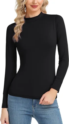 Vista 13 de Camiseta térmica básica de manga larga para mujer, ligera, con cuello alto falso, ajustada, capa suave Beige