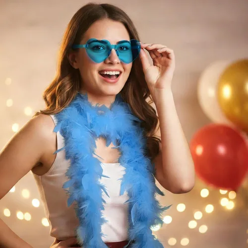 Vista 4 de Boa de plumas con lentes de sol sin montura de corazón, boa de plumas de 4 pies para despedida de soltero, Halloween, accesorio de disfraz