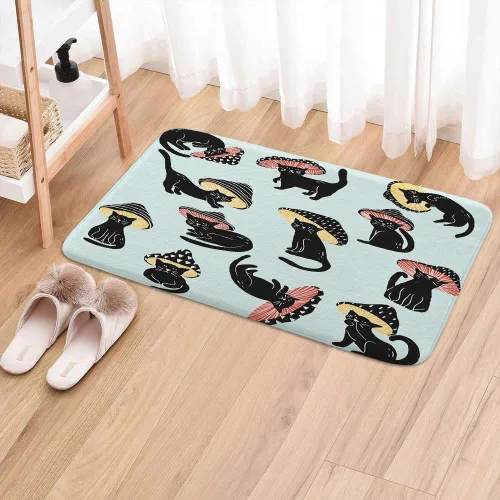 Vista 2 de MERCHR Tapete de baño con diseño de hongo y gato divertido para baño, estética, única, divertida, divertida, azul, tapete antideslizante, para baño
