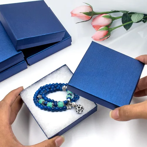 Vista 4 de opaprain Cajas de regalo azules de joyería de cartón, paquete de 20 unidades de 3.5 × 3.5 × 1 pulgada, se aplica a mostrar collares, anillos