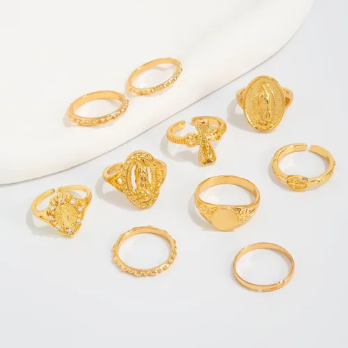 Vista 8 de Juego de anillos dorados de cruz de Virgen María para mujer, 10 piezas vintage gruesos apilables, anillos cruzados para nudillos, accesorios retro