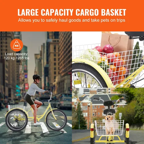 Vista 6 de VEVOR Adult Tricycles Bike,Three-Wheeled Bicycles, 3 Wheel Bikes Trikes, Carbon Steel Cruiser Bike with Basket & Adjustable Seat, Picnic Shopping
