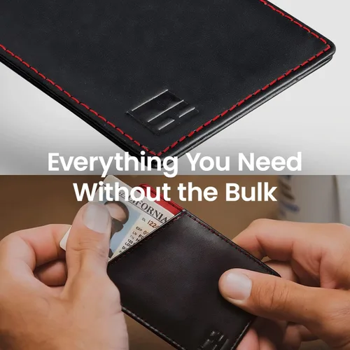 Vista 4 de F&H - Tarjetero minimalista para hombre en cuero genuino de grano superior, cartera delgada sin plegar, bolsillos delanterostraseros o camisas